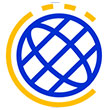 Abstract image featuring a blue globe with intersecting lines, encircled by a partial yellow arc. The design is modern and evokes connectivity and global reach.