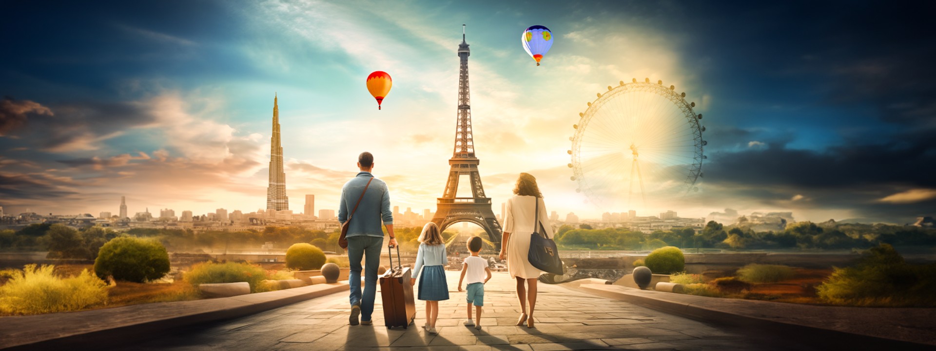 A family walking towards the horizon among the famous tourist sights