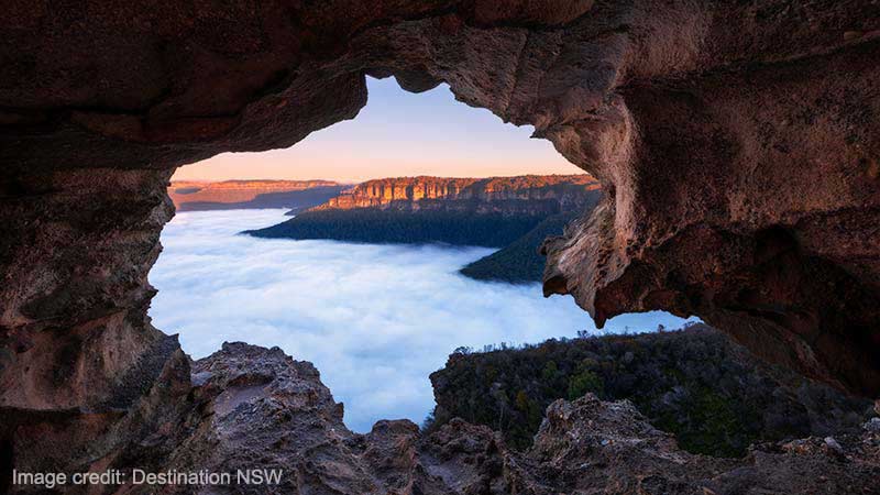 Morning fog over Blue Mountains National Park as seen from Lincolns Rock in Wentworth Falls.